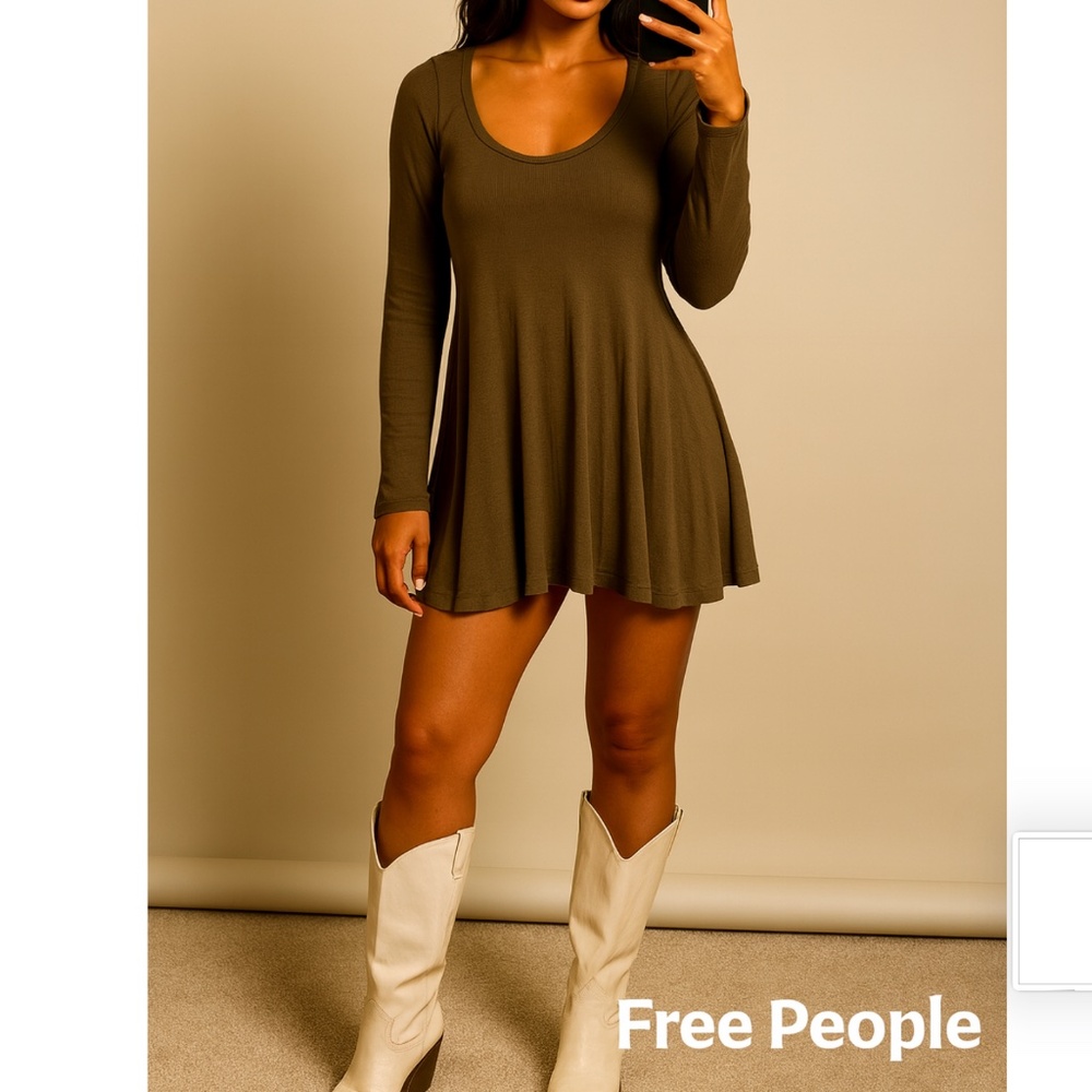 Free People Green Khaki Brown Long Sleeve Tunic Top Dress Size Small